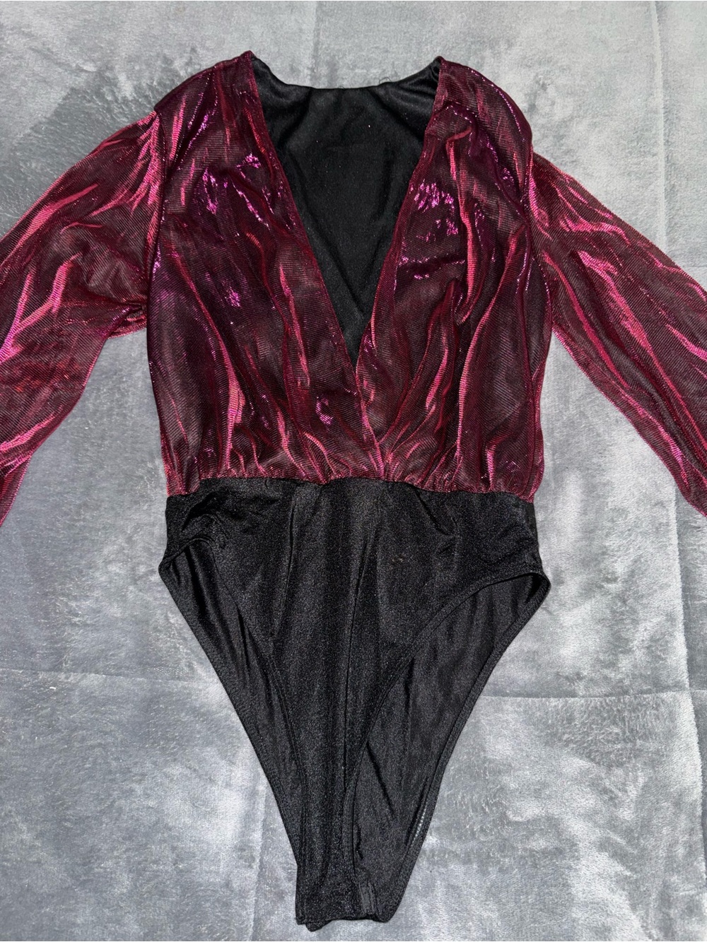 Burgundy Mesh Deep V Bodysuit with Long Sleeves